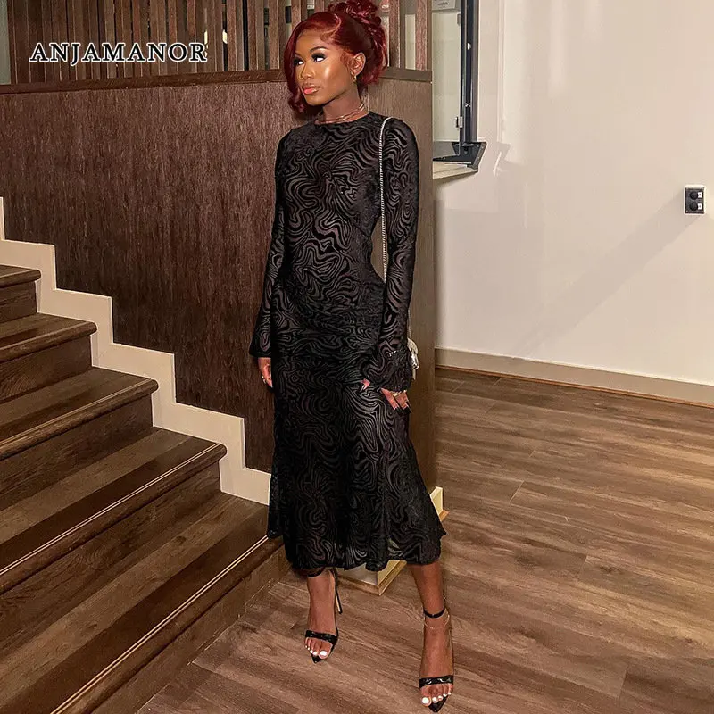 

ANJAMANOR Mesh Sheer Black Elegant Dress Evening Flare Hem Full Sleeve Bodycon Long Dresses for Women Club Outfits D85-CH24