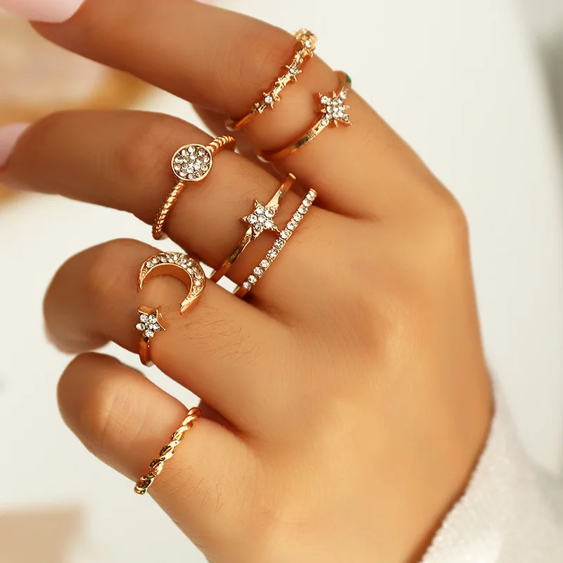 

6pcs/set Retro Zirconia Gold Color Ring for Ladies Simple Fashion Star Moon Geometric Ring Sets Adjustable Knuckles Jewelry
