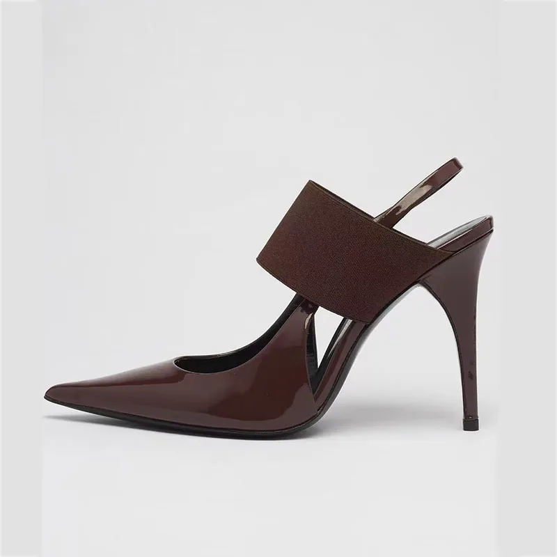 

Arden Furtado 2023 Summer Lady Patent Leather Pointed toe Asaguchi Stilettos Heels Elegant Rear trip belt Baotou sandals