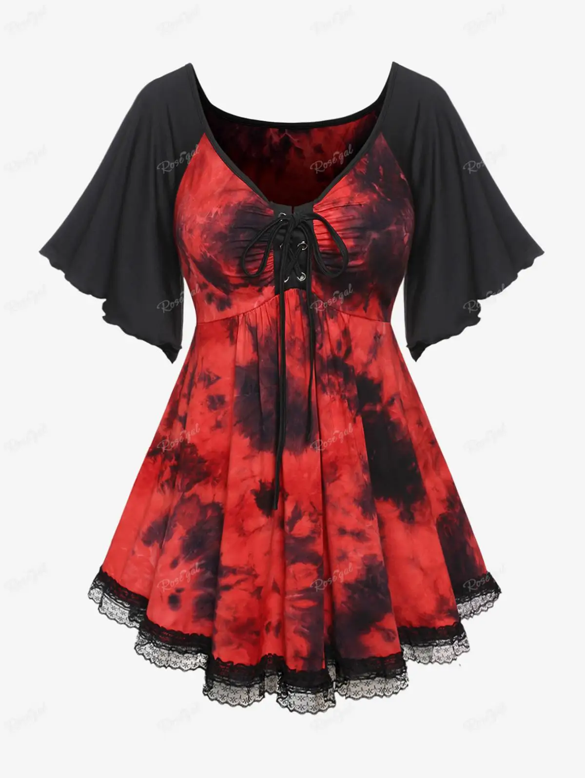 

ROSEGAL Plus Size Tie Dye Lace-up Ruched Lace Trim T-shirt Red Butterfly Sleeves Casual V-Neck Tops Women Summer Tee 4XL