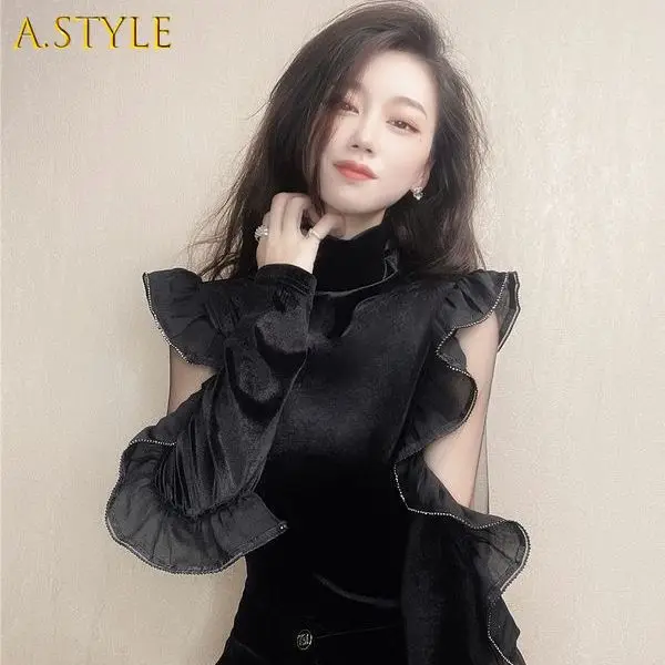 

A GIRLS Neploe Sexy Hollow Out Blouse Women 2022 Korean Fashion Shirt Elegant Ruffles Velvet Blusas De Mujer Black