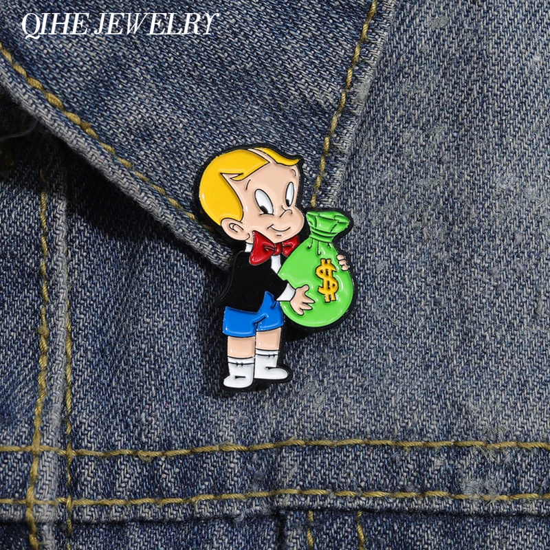 

Cartoon Richie Rich Money Bag Brooch Enamel Pin Cute Boy Badge Accessories Decorative Hats Clothes Backpack Fashion Jewelry Pin