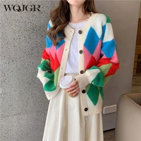 wqjgr autumn winter cardigan sweater women 2022 argyle o neck loose full sleeve fashion high quality female coat