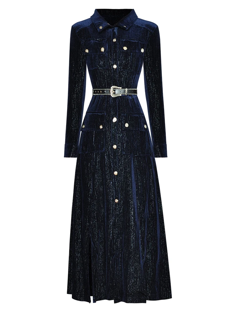 

Designer Autumn Winter Midi Velvet Dress for Women 2023 Long Sleeve Single Breasted Party Vestidos Feminino Vintage Robe
