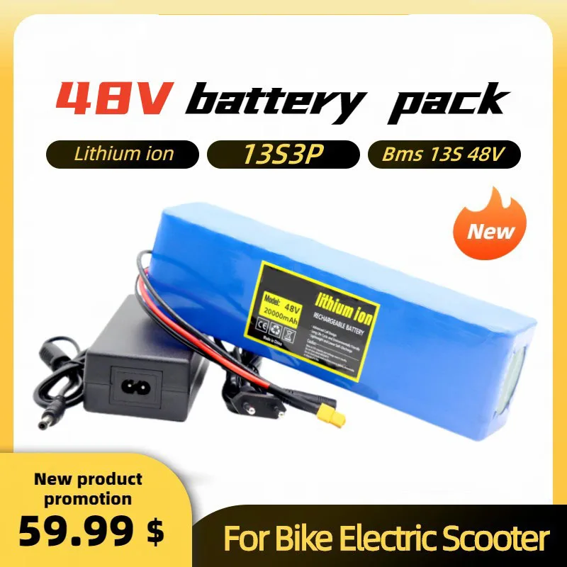 

48V 20Ah 1000w 13S3P XT60 48V Lithium Ion Battery Pack 20000mAh for 54.6v E-bike Electric Bicycle Scooter with BMS + Charger