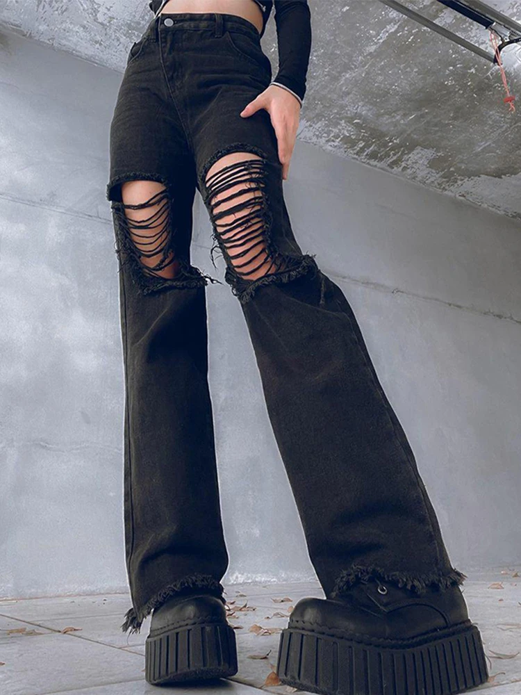 

Vintage Holes High Waist Jeans Femme Streetwear Grunge Pantalon 90s E-girl Loose Trousers y2k Harajuku Denim Pants Women 2022