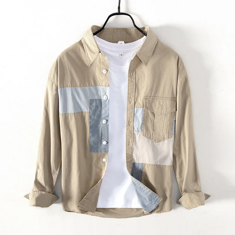 

Men's Casual Work Shirt Sprint Color Matching Personalized Long Sleeve Shirt For Male