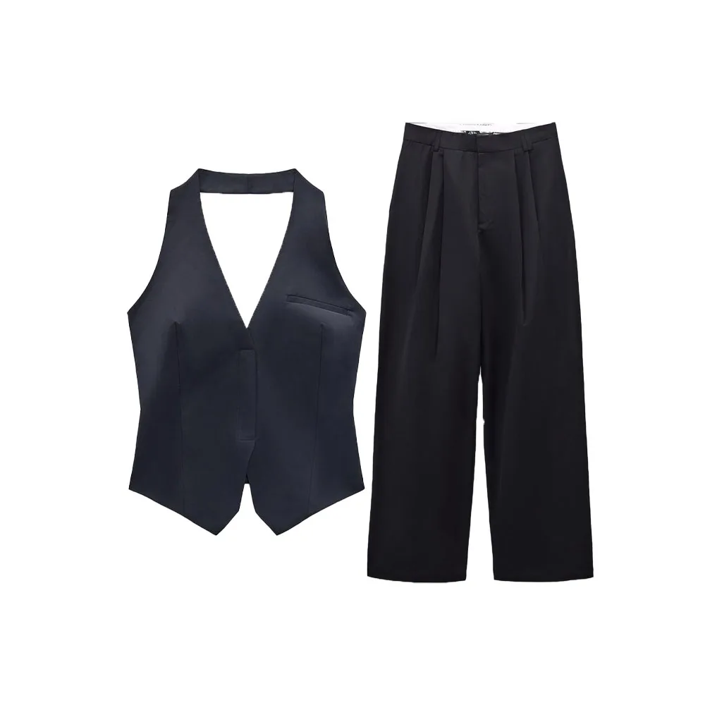 

Zach AiIsa Весенний Новый женский дизайн с открытой спиной Тонкий Топ с воротником + модные широкие брюки с высокой талией и драпировкой