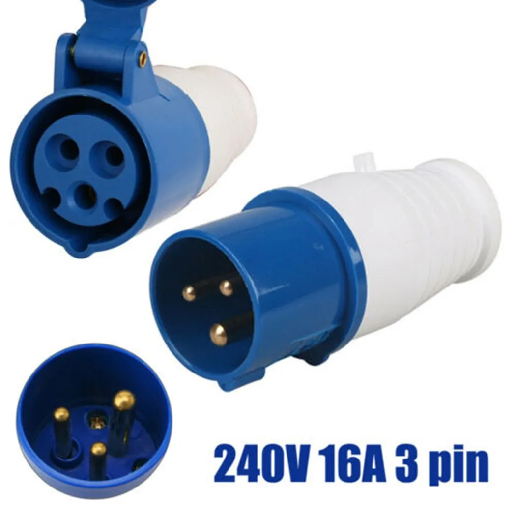 

240V 16A 3 Pin Blue Industrial Waterproof Plugs& Socket Male/Female IP44 2P For Caravan Motorhome Trailer Truck Yacht