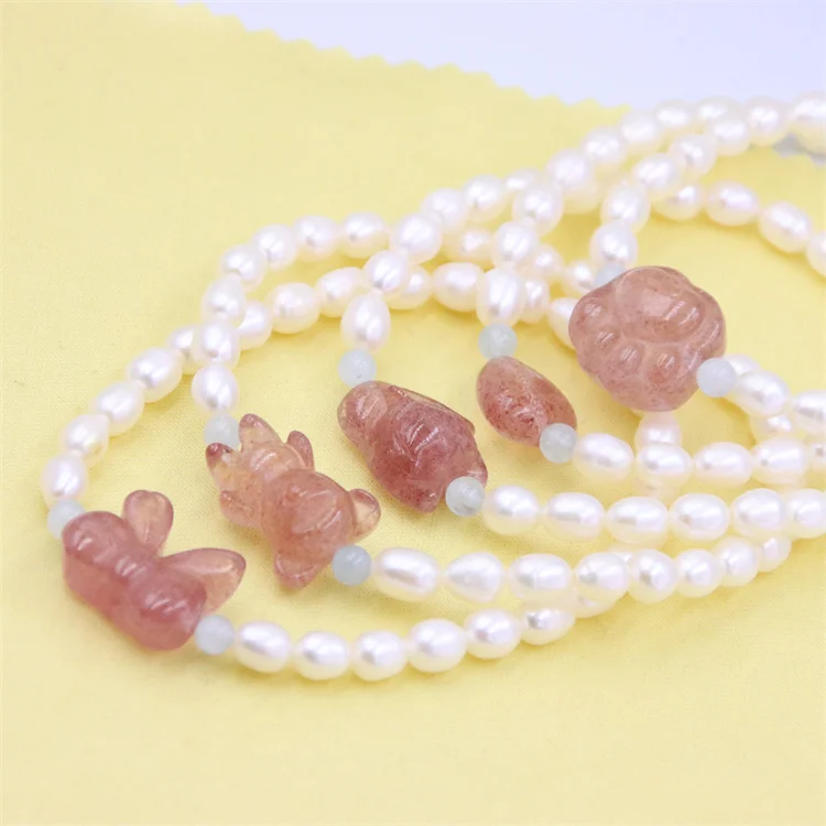 

Trend Natural Stone Aquamarine Strawberry Quartz Fox Heart Paw Bowknot Waterfresh Pearl Elastic Rope Bracelets 1Circle For Women