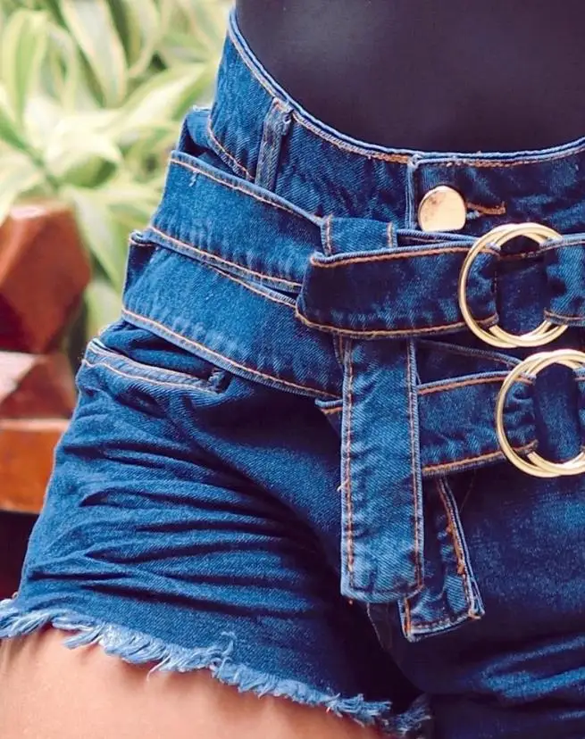 Women's Shorts Denim Style 2023 New Summer Jeans Lady Fashion O-Ring Buckle Detail Raw Hem Casual Skinny Denim Shorts Streetwear
