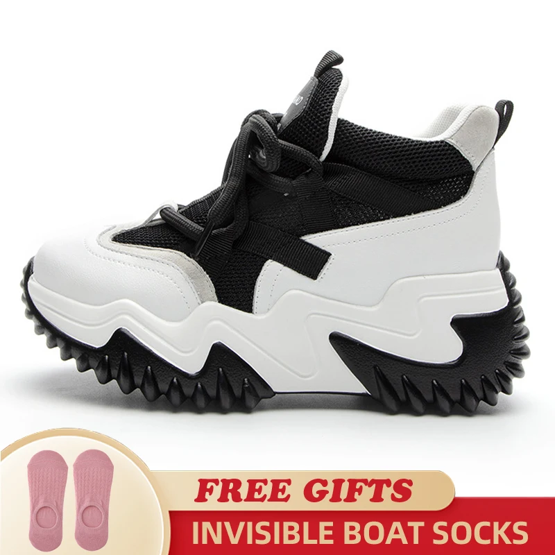 Fashion 7cm Genuine Leather Chunky Sneakers Current 2023 Mesh Female Summer Women Vulcanize Comfy Casual Lace Up Ladies Shoes