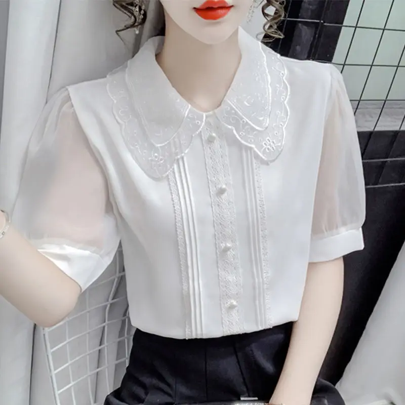 

Half Sleeve Blouse Women Chiffon Blouse Shirt Tops Women Peter Pan Collar Blusas 2023 Summer Thin Blouses Femme Tops Shirts A30