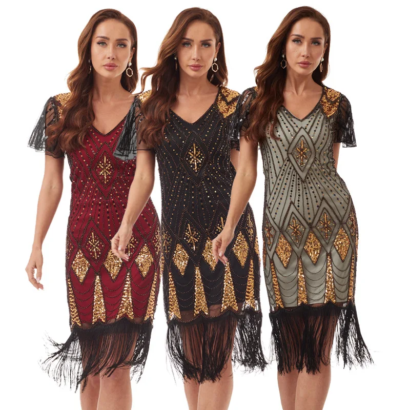 

1920S Gatsby Vintage Beaded Tassel Short Sequined Dinner Dress Light Luxury