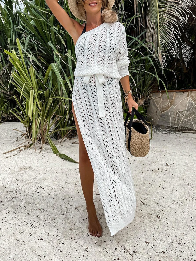 

Summer Sexy Hollow Beach Long Dress Elegant One Shoulder Long Sleeved Split Party Dress Women Fashion Lace-up Waist Solid Dress