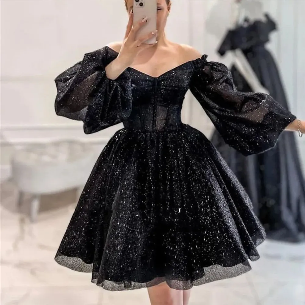 

Sparkly Black Short Prom Party Dresses Off the Shoulder Puff Long Sleeves Princess Evening Gowns Formal Graduation Dress