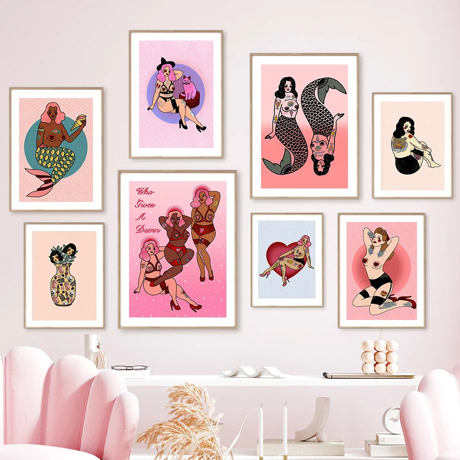 

Pink Leopard Girl Feminism Mermaid Rretro Wall Art Canvas Painting Nordic Posters And Prints Wall Pictures For Living Room Decor