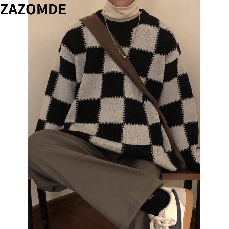 ZAZOMDE Streetwear Sweater Men Retro Checkerboard Plaid Pullover Hip Hop Autumn New O-neck Oversize Couple Casual Sweaters Men
