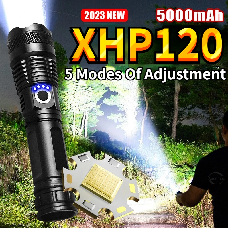 

2023 XHP120 LED Ultra Powerful Flashlight Type-C Rechargeable LED Lantern 60W High Power LED Flashlight Camping Long Shot Torch