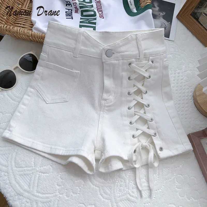 Женские джинсовые широкие шорты со шнуровкой и высокой талией большие размеры