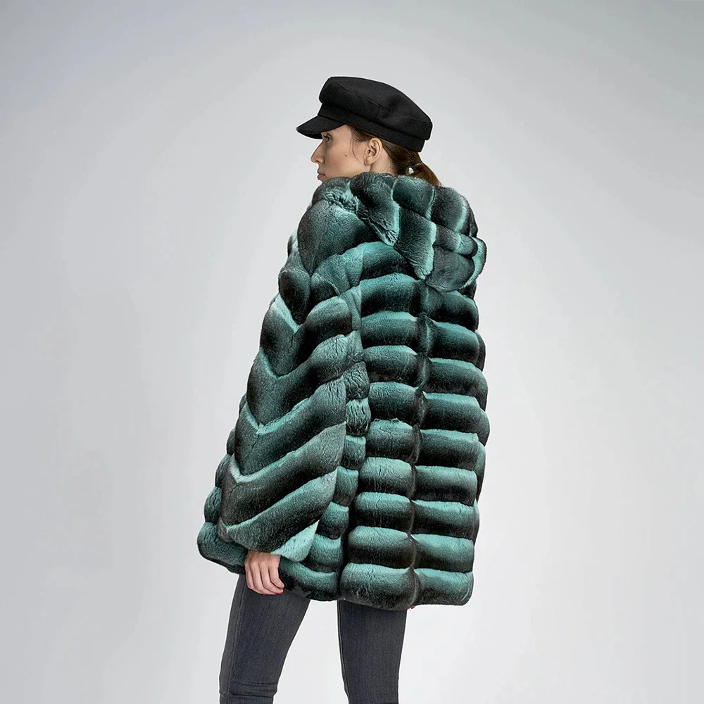 Модное женское пальто из натурального меха кролика рекс с капюшоном толстое
