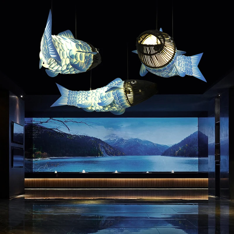 

Art Vintage classical wooden fish chandelier restaurant gallery cafe decoration ceiling chandeliers pendant Home Indoor lighting