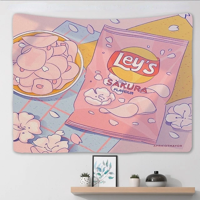 

75x58cm Pink Anime Snack Tapestry Wall Hanging Cute Kawaii Room Decor Dorm Bedroom Decoration Aesthetic Fabric Background