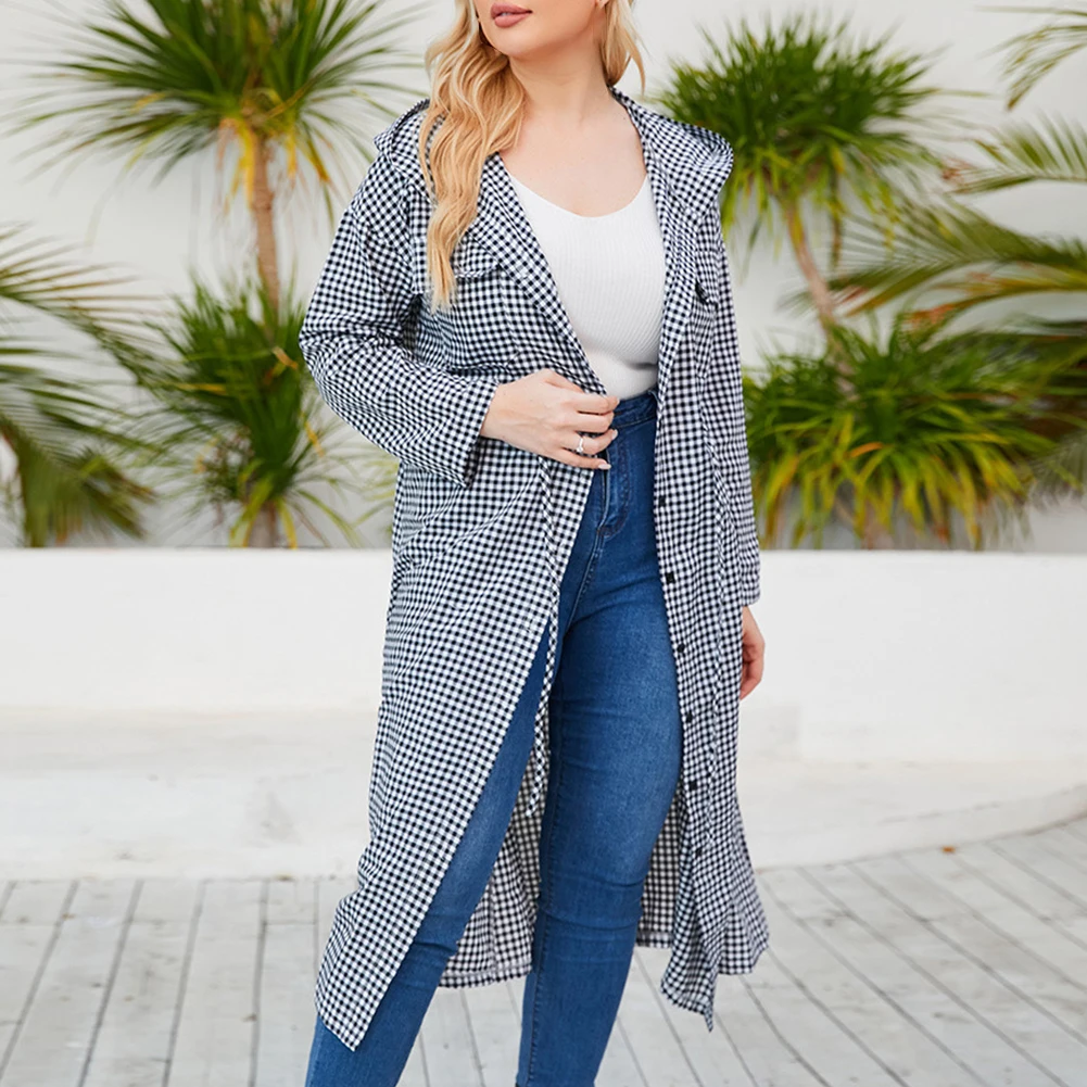 

Plus Size Women Hooded Long Shirt Jacket Long Sleeve Plaid Casual Outerwear Autumn Winter Coat L - 4XL 100% Brand New