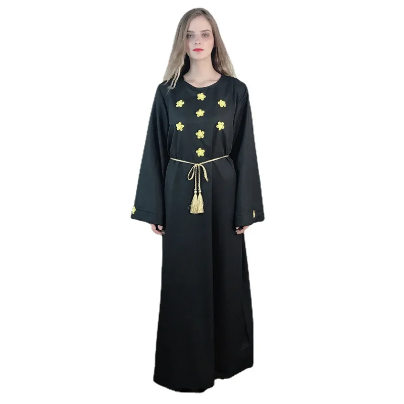 Женское длинное платье с вышивкой, однотонное льняное платье в мусульманском стиле, абайя с жемчужинами, 2022