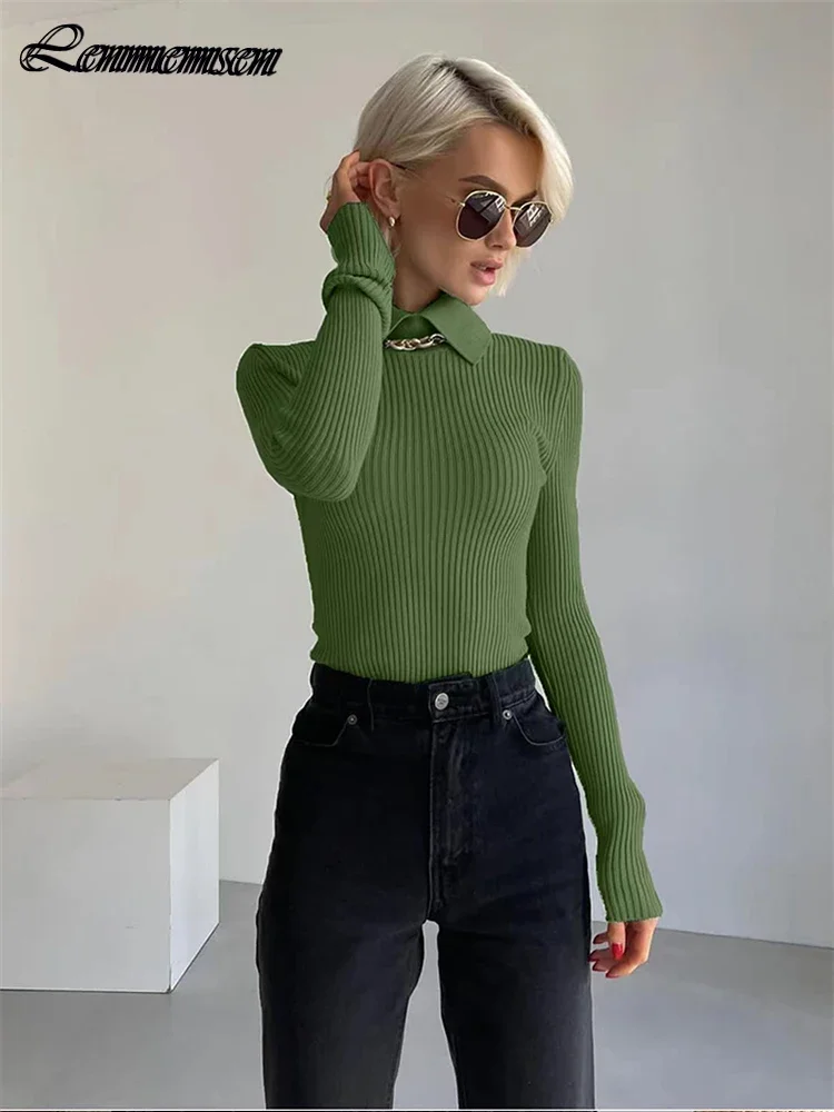 

Lenmemsen Simple Solid Knitted Sweater Women Autumn Korean Lapel Long Sleeve Pullover Female Office Lady Casual All-match Jumper