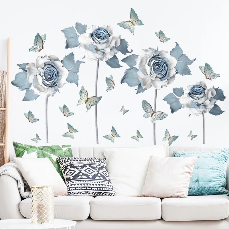 

Hand Painted Vinyl Blue Flowers Wall Stickers Fairy Butterfly Bedroom Living Room Home Wall Decoration Wallpaper Self-adhesive