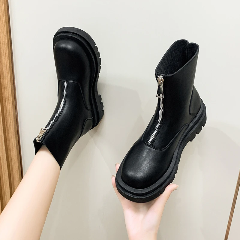 

Shoes Women Thick Bottom Black Ankle Boots for Women Black Leather Platform Casual Ladies Shoes Round Toe Boots Women