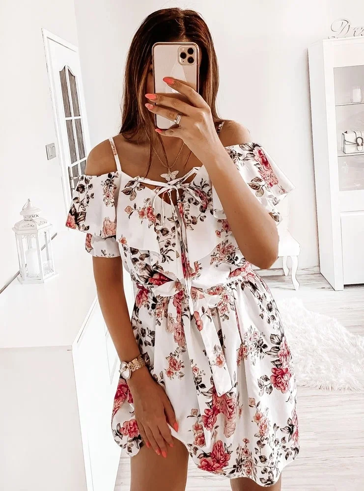 

Summer Sexy Spaghetti Strap Floral Print Mini Dress Woman 2022 Casual Slash Neck Lace-up Ruffle Fashion Party Dress Robe Vestido