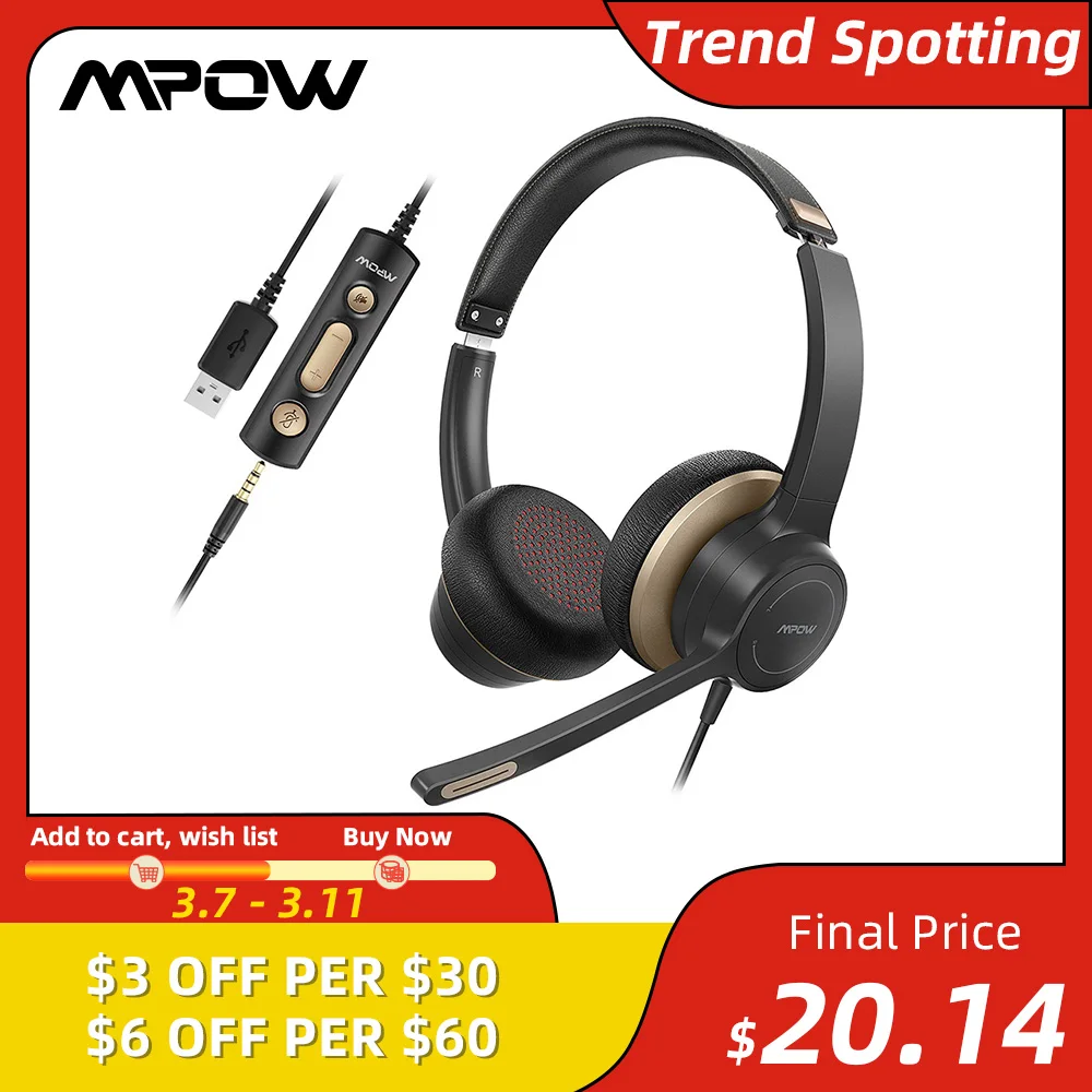 

Mpow HC6 USB Wired Headset 3.5mm On-Ear Computer Headphones with Microphone Mute for Skype Call Center Headsets for PC Laptop