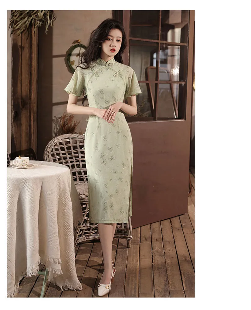 Light Green Cheongsam Vintage Loose Sleeve Chinese Traditional Dress Slim Female Women Long Qipao S To 2XL images - 6