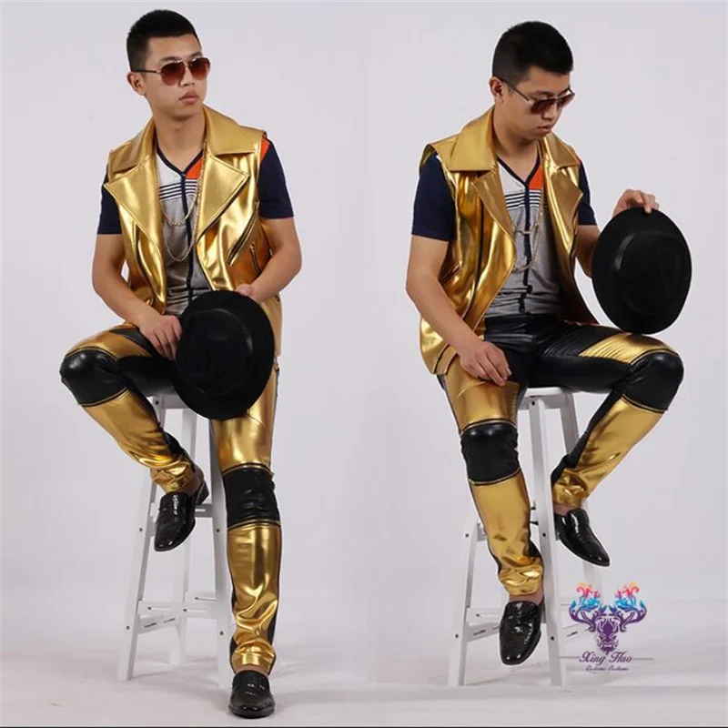 Novelty summer style personality slim high quality male oblique zipper pu leather vest men rock singer dance fashion splice gold