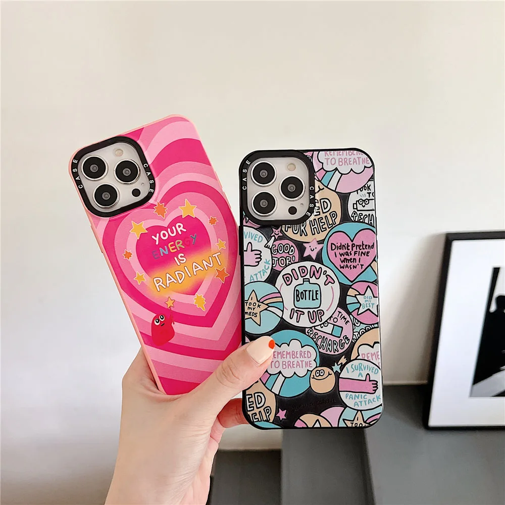 

Korean Pink Love Heart Sticker Phone Case For iPhone 11 12 13 Pro Max XS XR 7 8 Plus Matte liquid silicone Bumper Soft Cover