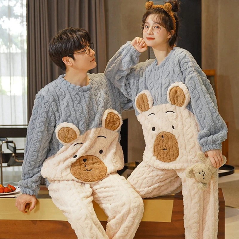 QUHENG Couples Pajamas Sets Women Men Winter Thicken Pyjamas Autumn Sleepwear Cartoon Lovers Homewear Soft Warm Rest Pijama