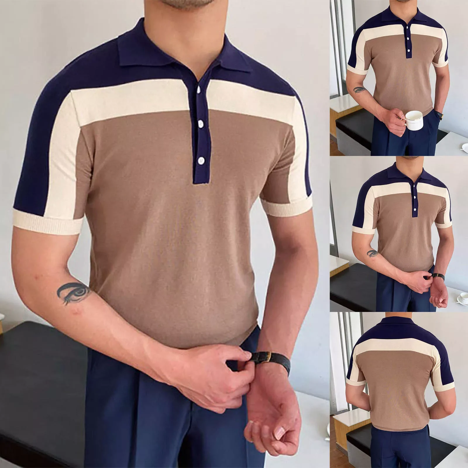 

Мужская трикотажная рубашка с воротником на пуговицах, в полоску