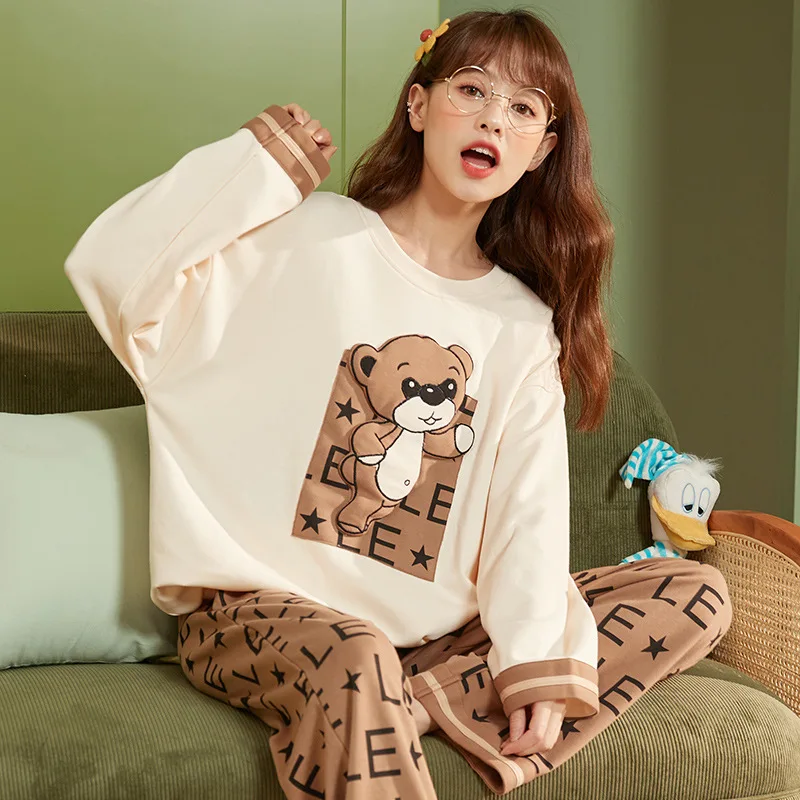 

Женская Осенняя одежда с длинными рукавами, новинка 2021, домашняя одежда, милая домашняя хлопковая одежда с красивым мультяшным принтом из д...