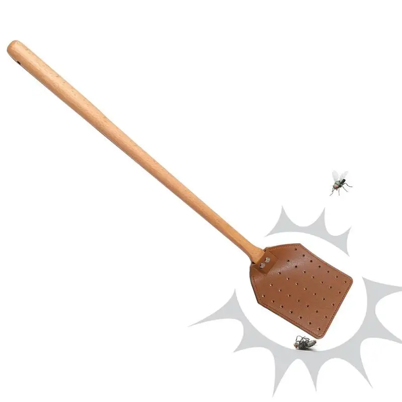 Heavy Duty Home Fly Swatter Brown Leather with Beech Wood Long Handle for Indoor and Outdoor