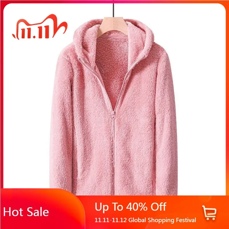 

Женская толстовка, пальто на зиму, плюшевый кардиган, меховое пальто для женщин, с капюшоном, на молнии, однотонная теплая куртка с длинным р...