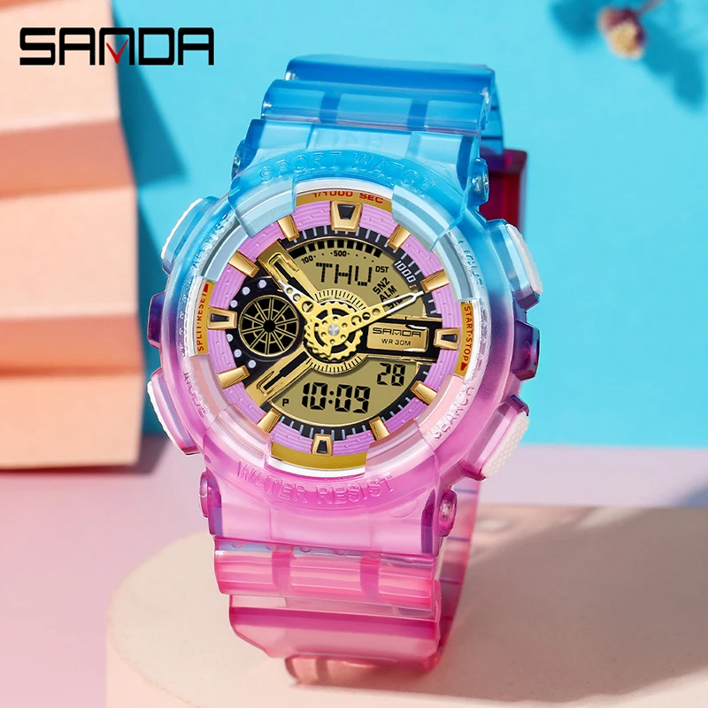 

SANDA New Fashion Mens Womens Watches Watch Men Women Colorful Transparent Strap Waterproof Watch Luminous Dual Display Clock
