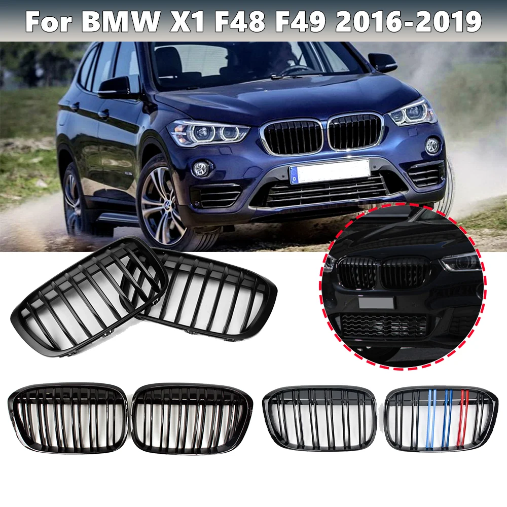 

2Pcs Front Kidney Grille Glossy Black M Style Dual Slat Racing Grill For BMW X1 F48 F49 2015-2019 Car Accessories