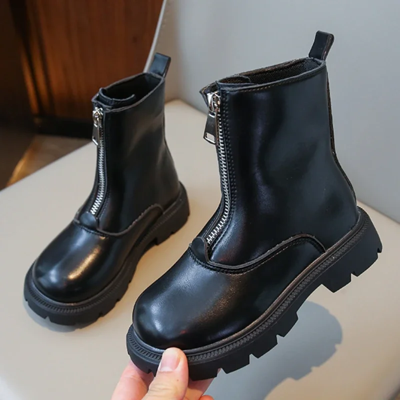 

Girls Fashion Boots 2023 Autumn Winter British Style Boot Children Matte Leather Boots Causal Black Kids Zipper Boots Size 26-36
