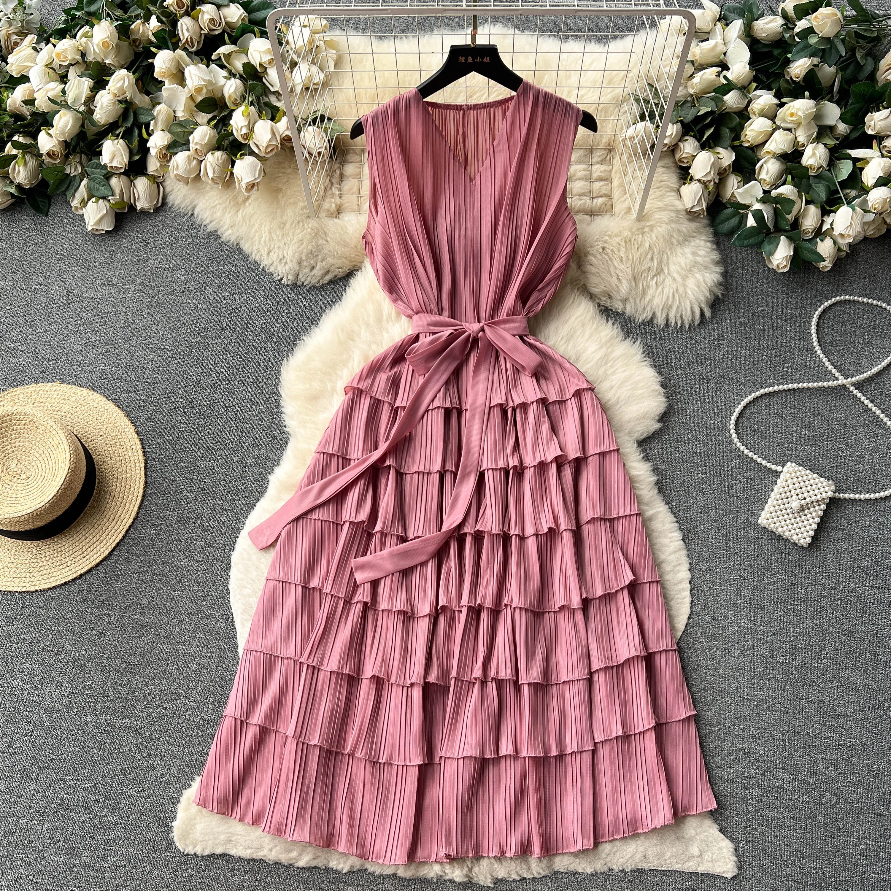 

Summer New Fashion French V-Neck Dress Women's Sleeveless Solid Color Slim Casual Clothes Vestidos Femininos Frete Grátis L094