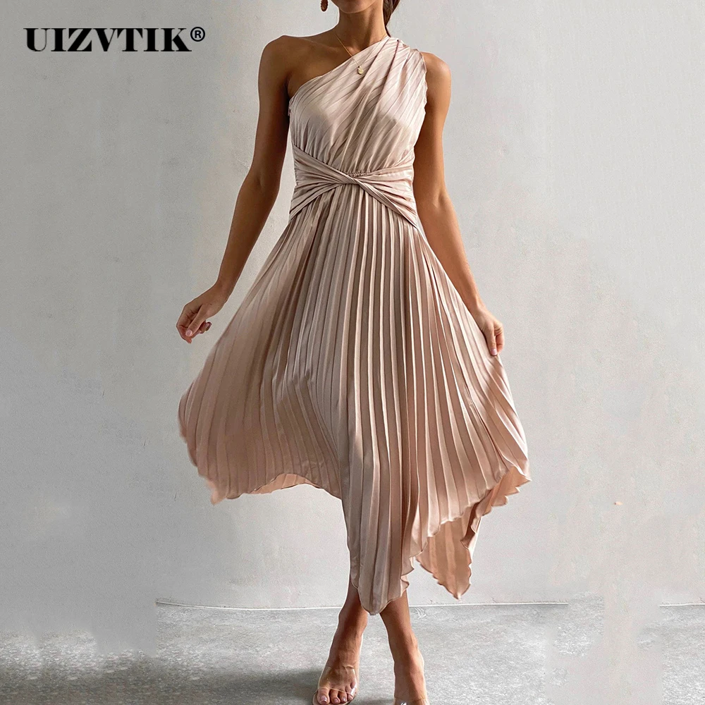 

Elegant Sexy One Shoulder Irregular Pleated Satin Long Evening Party Summer Dress Women 2023 Backless High Waist Midi Dresses