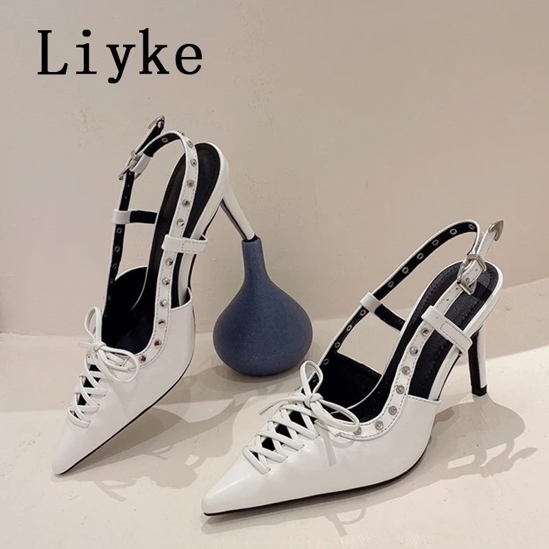 

Liyke Black White Ladies 8.5CM High Heels Fashion Rivet Back Buckle Strap Women Pumps Hollow Cross Tied Pointed Toe Shoes Sandal