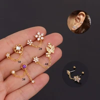 316l stainless steel flower zircon double ear hole earrings screw stud piercing ear bone nail fashion piercing body jewelry 20g