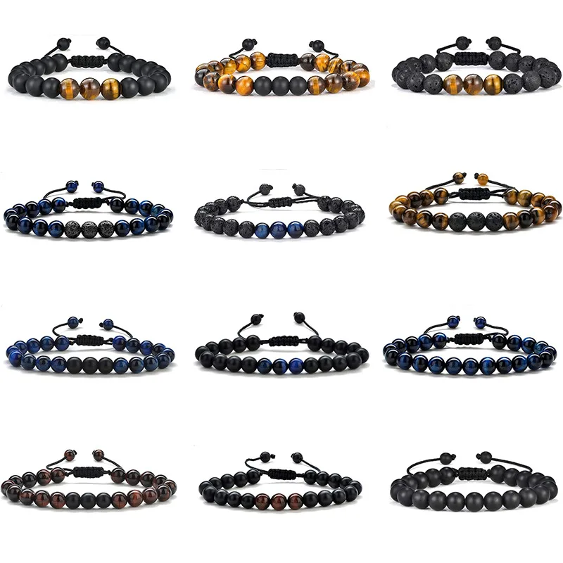  8mm Frosting Lava Tiger Eye Lapis Natural Stone Round Bead Bracelets For Women Men Adjustable Braided Rope Fashion Jewelry Gift 